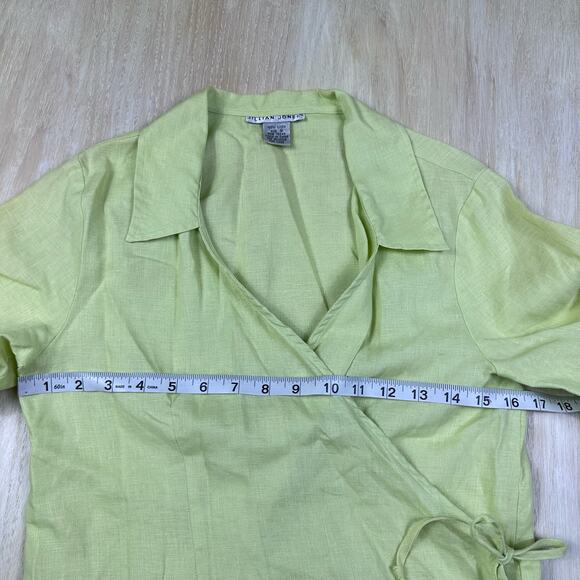 Jillian Jones 100% Linen Lime Green 3/4 Sleeve Wrap Shirt Casual Blouse Small - Picture 11 of 14